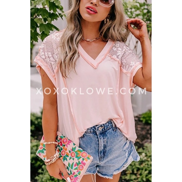 POL Pink Peach Rayon Jersey + Floral Lace Short Sleeve Top Oversized - Picture 13 of 16